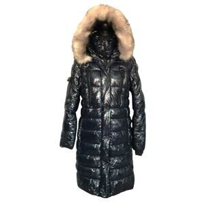 DKNY Navy Blue Puffer Quilted Jacket Coat Fur Hooded Womens Glossy Shiny Nylon